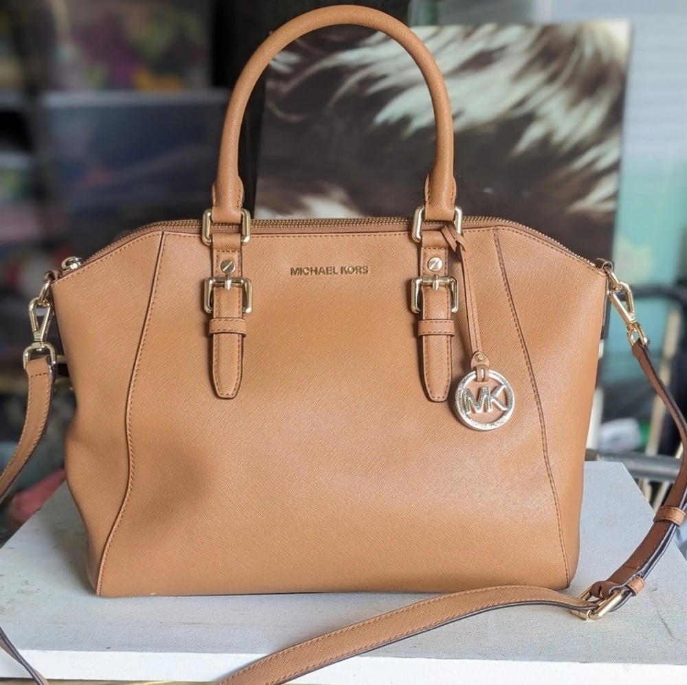 Michael Kors Cognac Leather Satchel with Gold Hardware